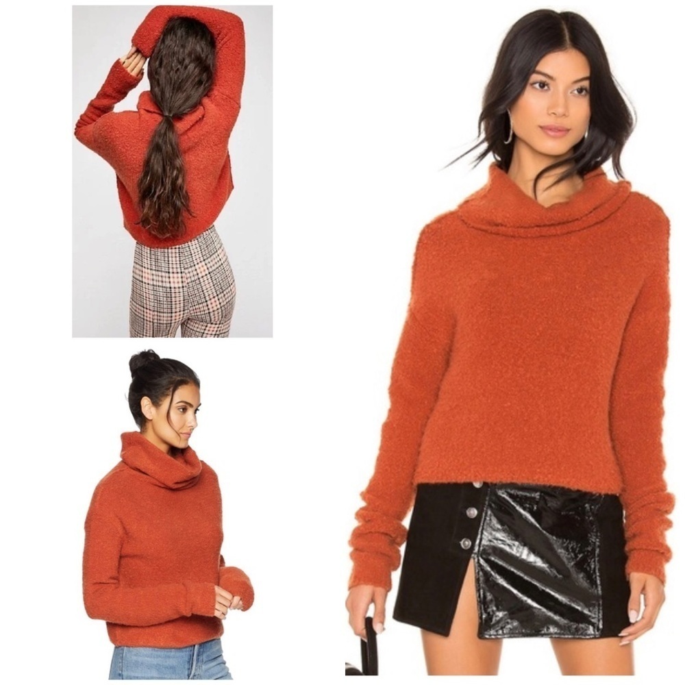 Free People Stormy Burnt Fall Orange Texture Knit Turtleneck Cowl Neck Sweater S